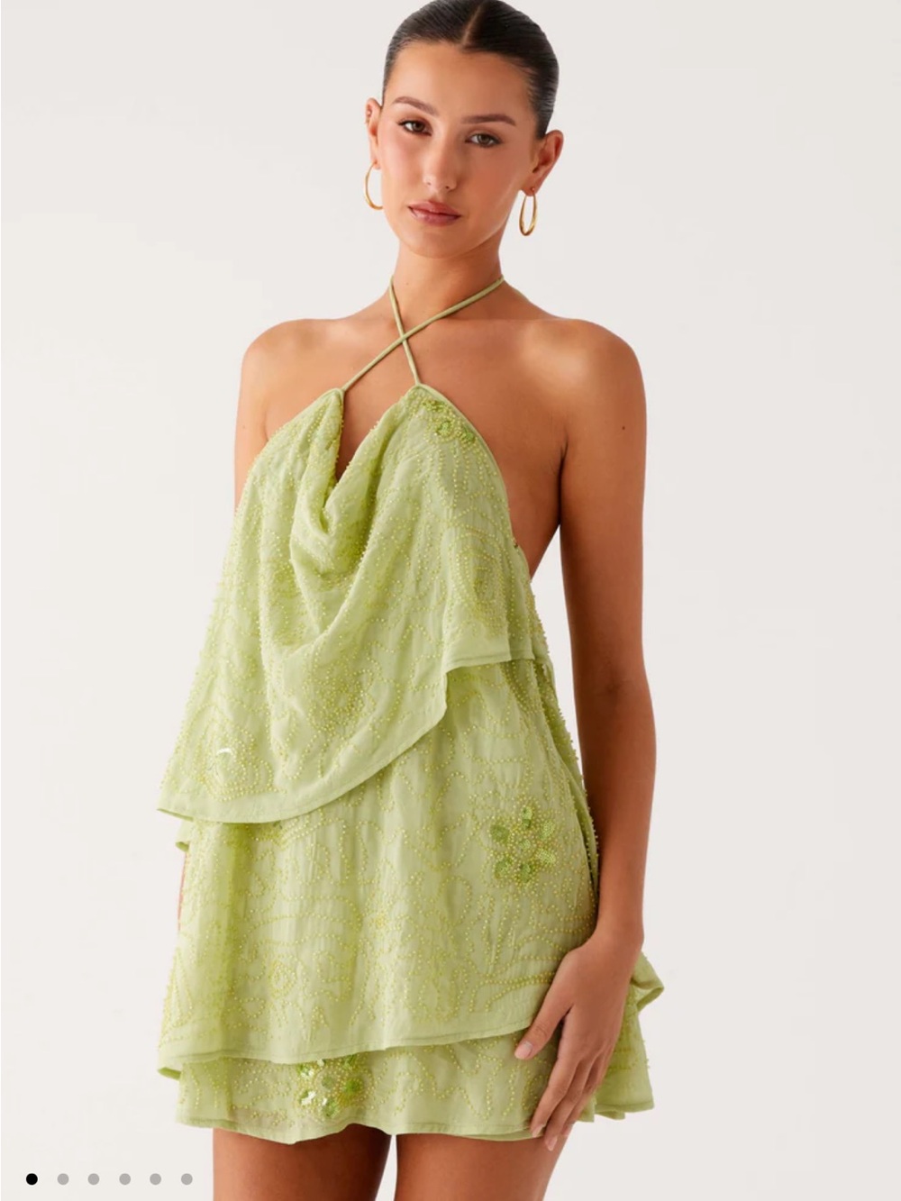 Peppermayo Light Green Beaded Halter Mini Dress
